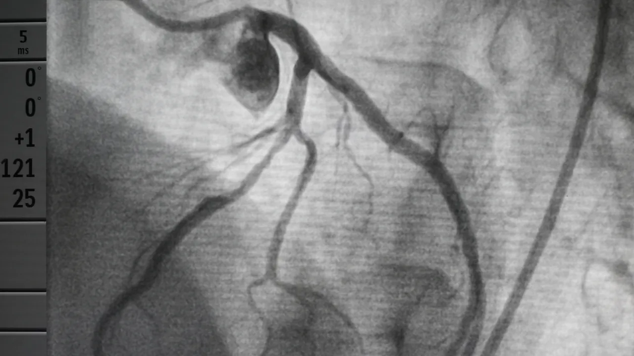 An X-ray image of the coronary arteries taken during an angiogram